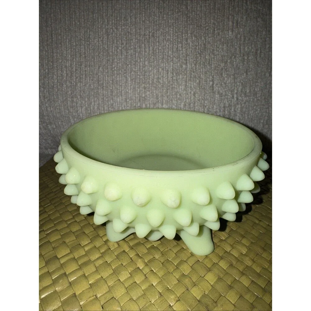 Vintage Fenton Glass Hobnail Bowl Satin Green Yellow Dish Stamped 5.5”